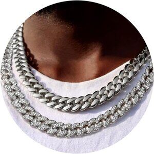 2PCS Cuban Link Chain for Men Women Miami Cuban Link Chain Necklace Gold Silver